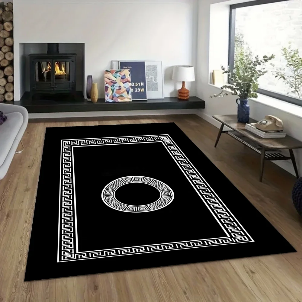 Marble & Greek Key Pattern Rug, Area Carpet for Living Room Entryway,  Floor Mat Bedroom Office Decor with Non-Slip Backing
