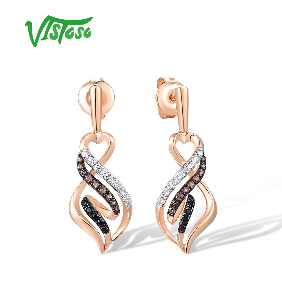 VISTOSO Pure 14K 585 Rose Gold Drop Earrings For Women Sparkling White Brown Black Diamonds Trendy Gradual Gifts Fine Jewelry