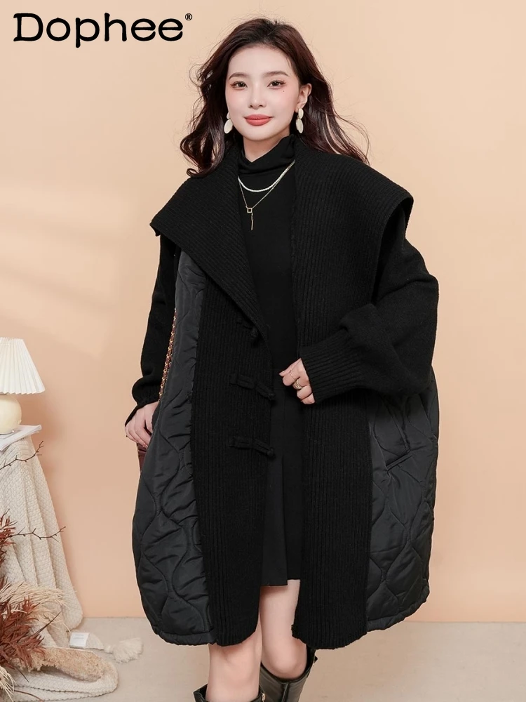 

Oversized Lapel Knitted Stitching Cotton-Padded Cardigan Women Winter New Sailor Collar Solid Color Casual Loose Mid-Length Coat