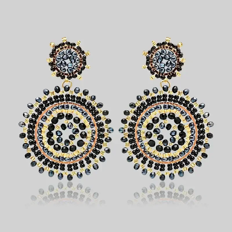 Bohemia Alloy Crystal Roundness Geometry Beaded Earrings Hand Knitting Versatile Simple Original Rice Bead Jewelry