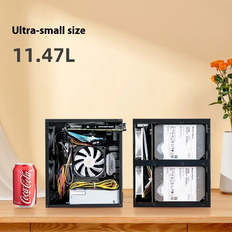 Sky Arrow 6-disc NAS الهيكل غلاف من الألومنيوم Itx اللوحة الرئيسية الصغيرة 1u إمدادات الطاقة البقرة الطائرة الأسود Qunhui خادم التخزين