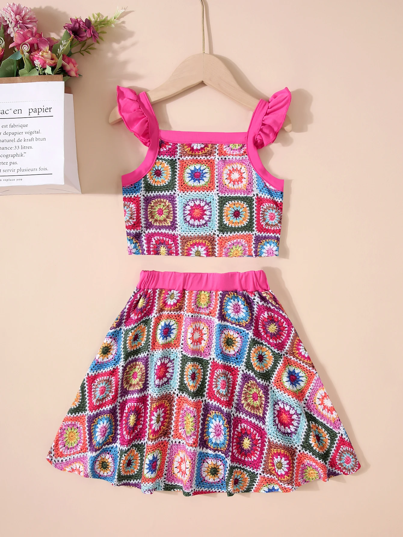 Two Piece Summer Girl Bohemian Ethnic Style Flying Sleeve Suspender T-Shirt Printed A-Line Skirt Casual Set