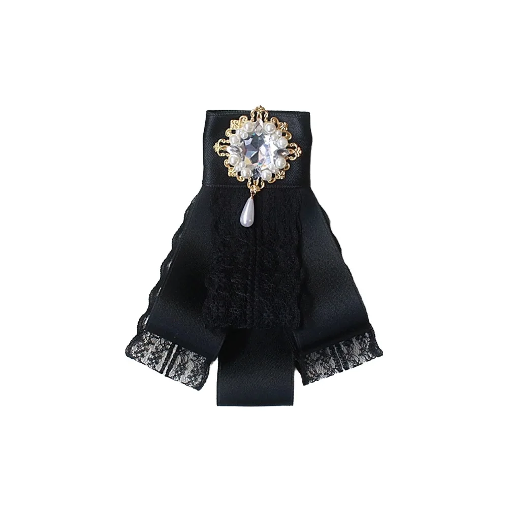 موضة حجر الراين كريستال الشريط القوس بروش البوليستر خمر النسيج Bowknot بروش التذكاري الأسود Cravat ربطة العنق النساء #1