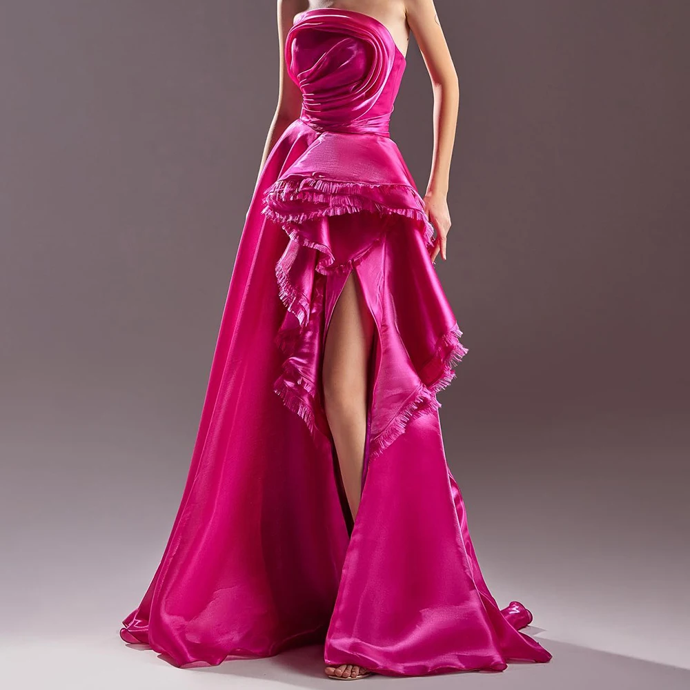 

Customized Luxury Satin A-Line Front Slit Evening Dress High Quality Floor Length Strapless Sleeveless vestidos de fiesta