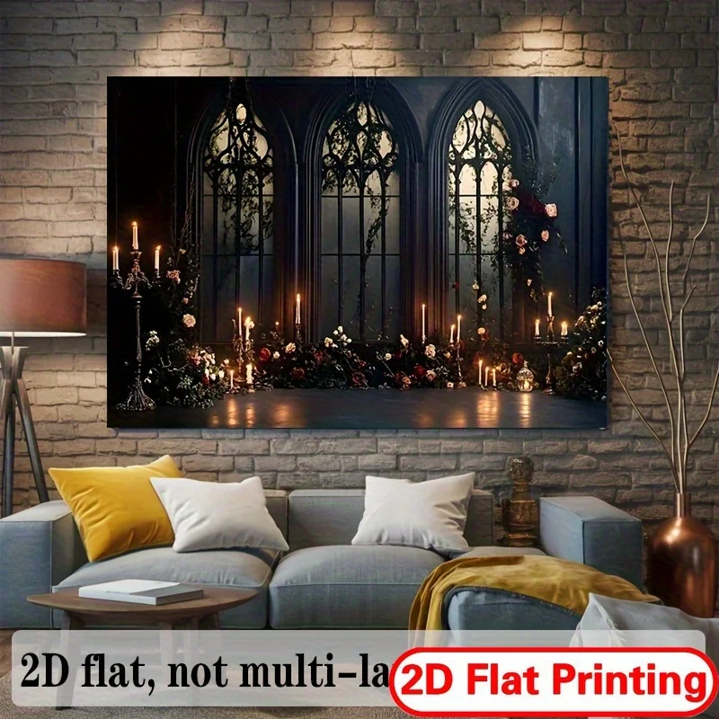 VIKAMA Halloween Gothic Wall Tapestry Dark Arched Flower Window Candlestick Rose Vintage Red Vine Wallcloth Party Decoration