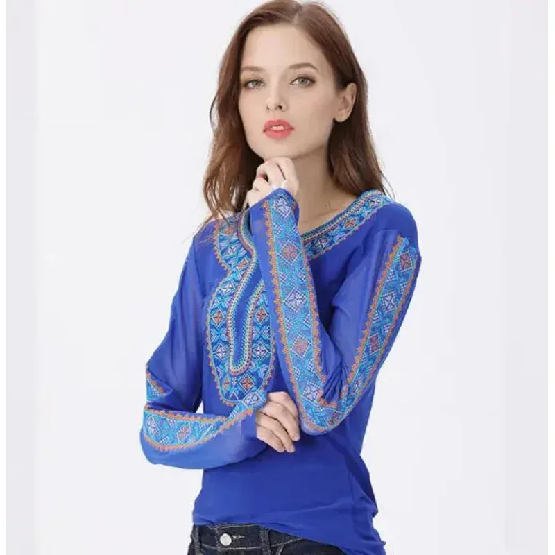 

New 2025 Chinese Xinjiang Uyghur Dance Tops Women Spring T Shirt Stage Performance Embroidered Folk Thin☆★☆★qq