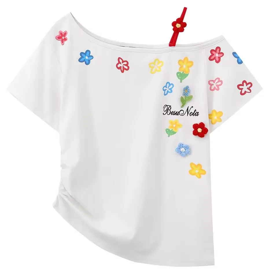 

Harajuku Dopamine Colored Diagonal Shoulder Suspender Short Sleeved T-shirts for Women Summer Y2K Girl Kawaii T-shirt Lolita Top