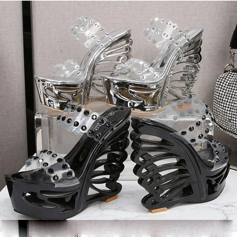 Summer Plus Size 34-41 Luxury Butterfly Slippers 14.5cm High Heels 5.5cm Platform Pumps Vintage Silver Rhinestone Bling Shoes