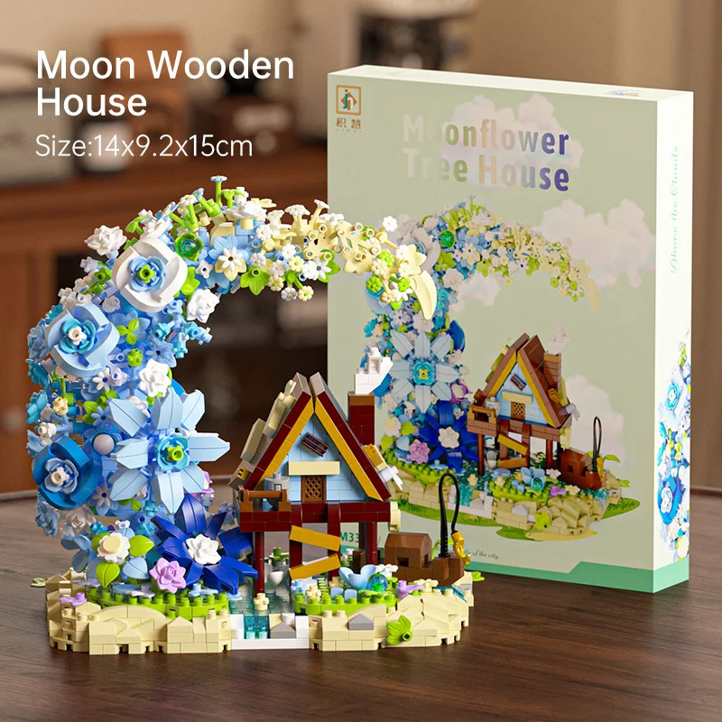 บล็อกตัวต่อไม้รูปบ้านดอกไม้พระจันทร์ รุ่น M3345 ตัวต่อขนาดเล็ก ของตกแต่งสร้างสรรค์ ของเล่นเสริมพัฒนาการสำหรับเด็กผู้หญิง ของขวัญวันเกิด