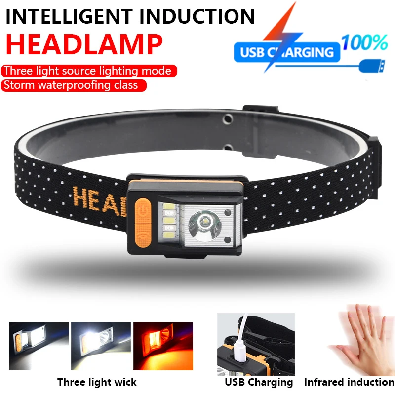 

Super Bright Headlamp with Smart Motion Sensor White/Red Warning Light Adjustable Lamp Head Powerful Headlight Head Flashlight