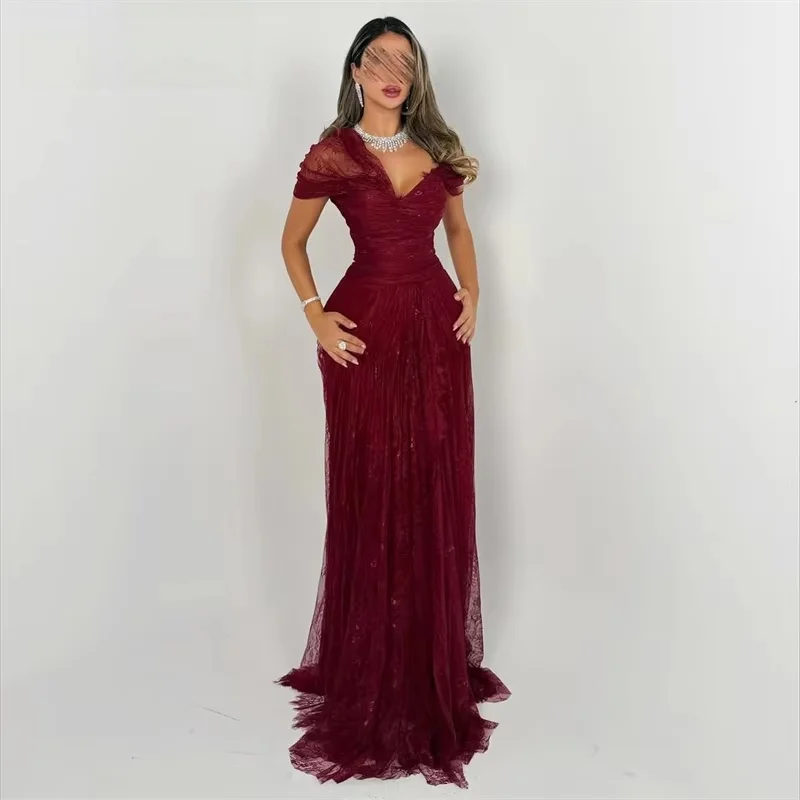 Elegant Burgundy Off Shoulder V Neck Tulle Mermaid Gown Pleated Formal Evening Dress For Women Wedding Party