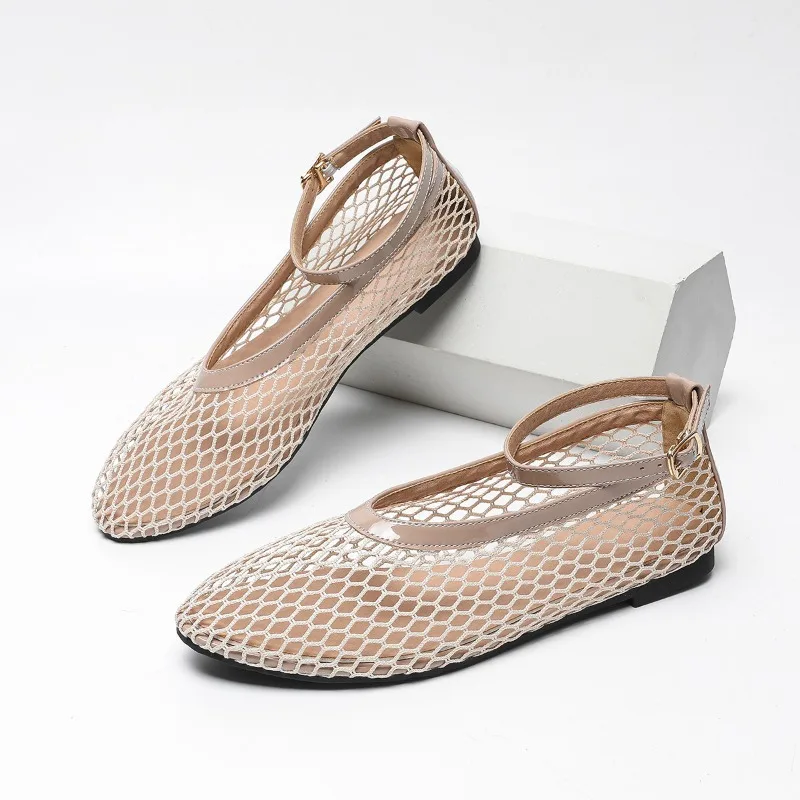 Mesh Black Ballet Shoes Female Summer New Flat Hollow Mesh Breathable Single Shoe Fishnet Shoes Sandals