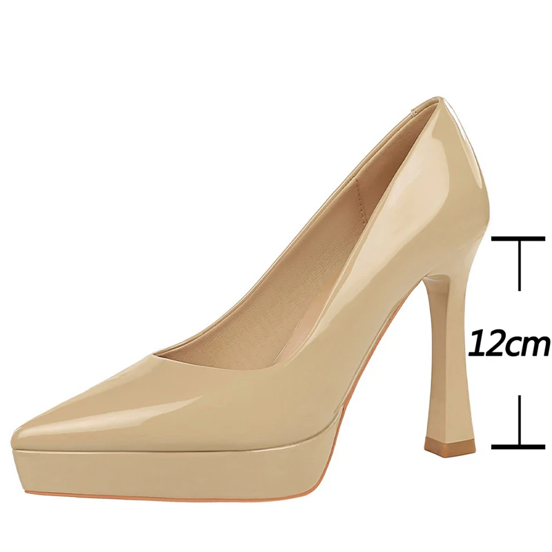 BIGTREEシューズ プラットフォームパンプス レディース 12cmヒール パテントレザー ハイヒール 太ヒール レディースシューズ ポインテッドトゥ パンプス ファッション