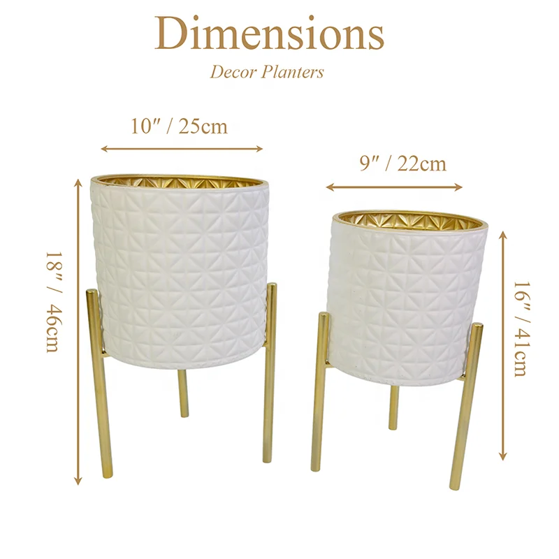 2 sets Modern Gold White Metal Planters with Gold Stands, 9/10 Inch Indoor Flower Pots, Minimalist Vertical Decorative Planters