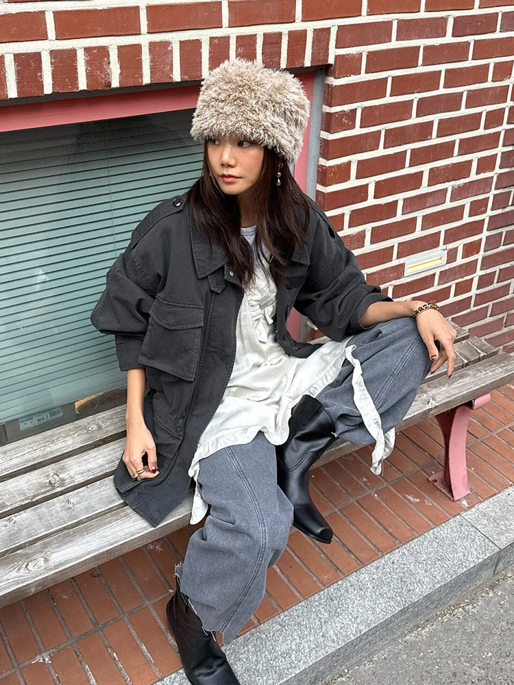 

Nok Xiaola Authentic Spring 2026 Brand Workwear Style Drawstring Jacket Outerwear Pure Color Long Sleeve Loose Fit C...