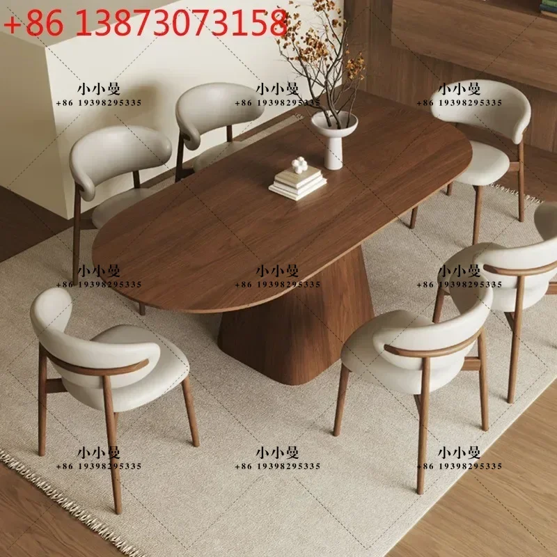 Retro style solid wood household small apartment oval rectangular medieval black walnut round dining table at both ends