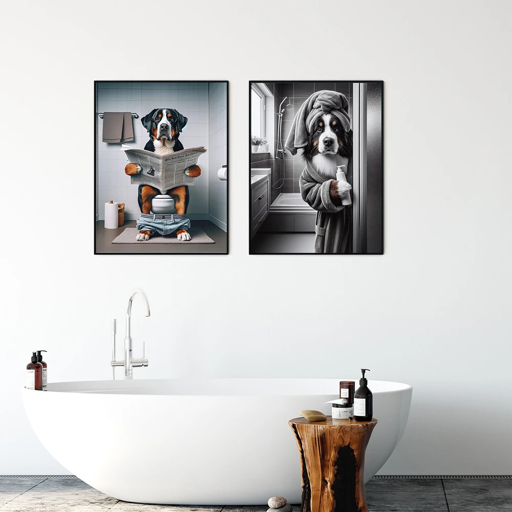 Greater Swiss Mountain On The Toilet Posters Bernese Mountain Dog Have A Bath Prints Art Pictures Funny Bathroom Wall Painting