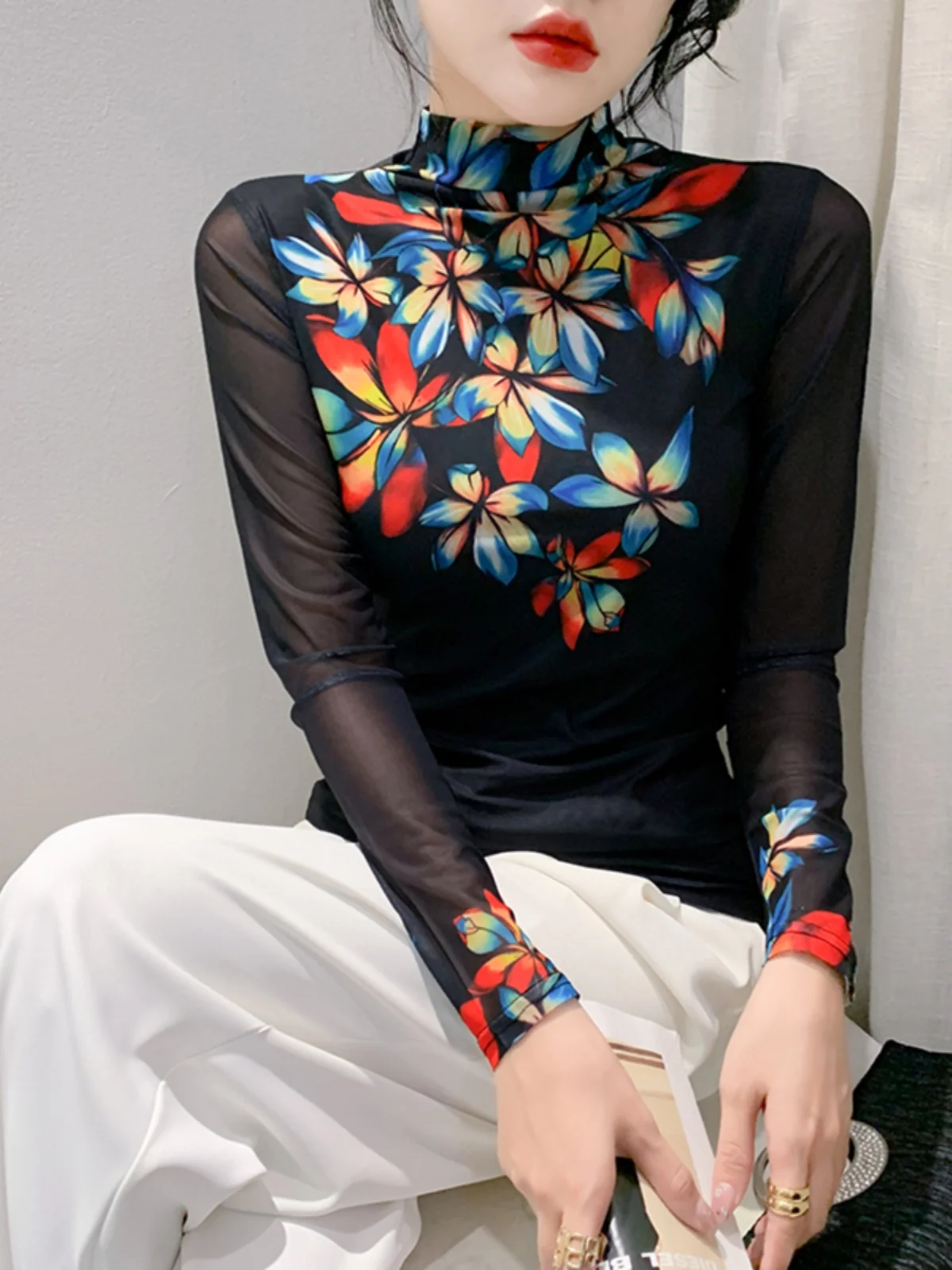 Half Turtleneck Base Top Women Autumn Winter Slim Printed Floral Mesh T-shirts Female Full Sleeve Tees FF0857