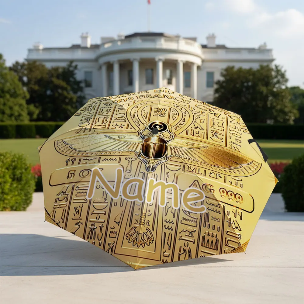 Custom Name umbrella, Gold Coin Design with Egyptian Hieroglyphics Scarab Fashion Folding Umbrella for Sunny and Rainy Days