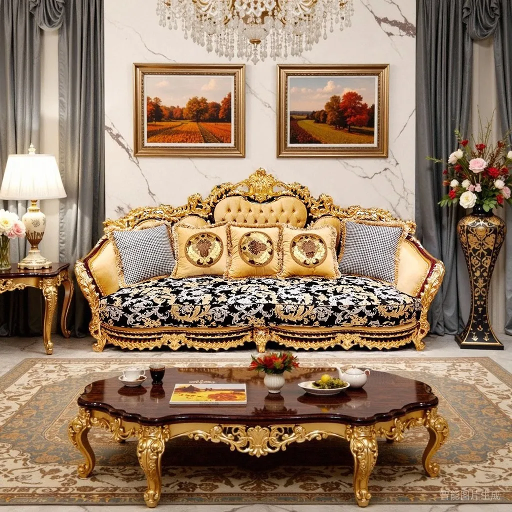 European-style Villa Luxury Fabric Sofa, French Gold Foil Court Classical Sofa, Luxury Mansion Large Apartment Living Room Art