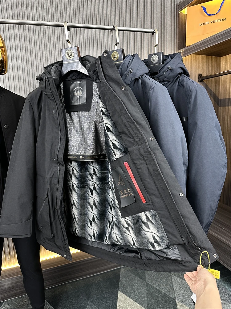 

Detachable Goose down Winter Jacket for Men Outdoor Windproof Waterproof Warm Hooded Mid-Length Fashion Urban Style Pure Color