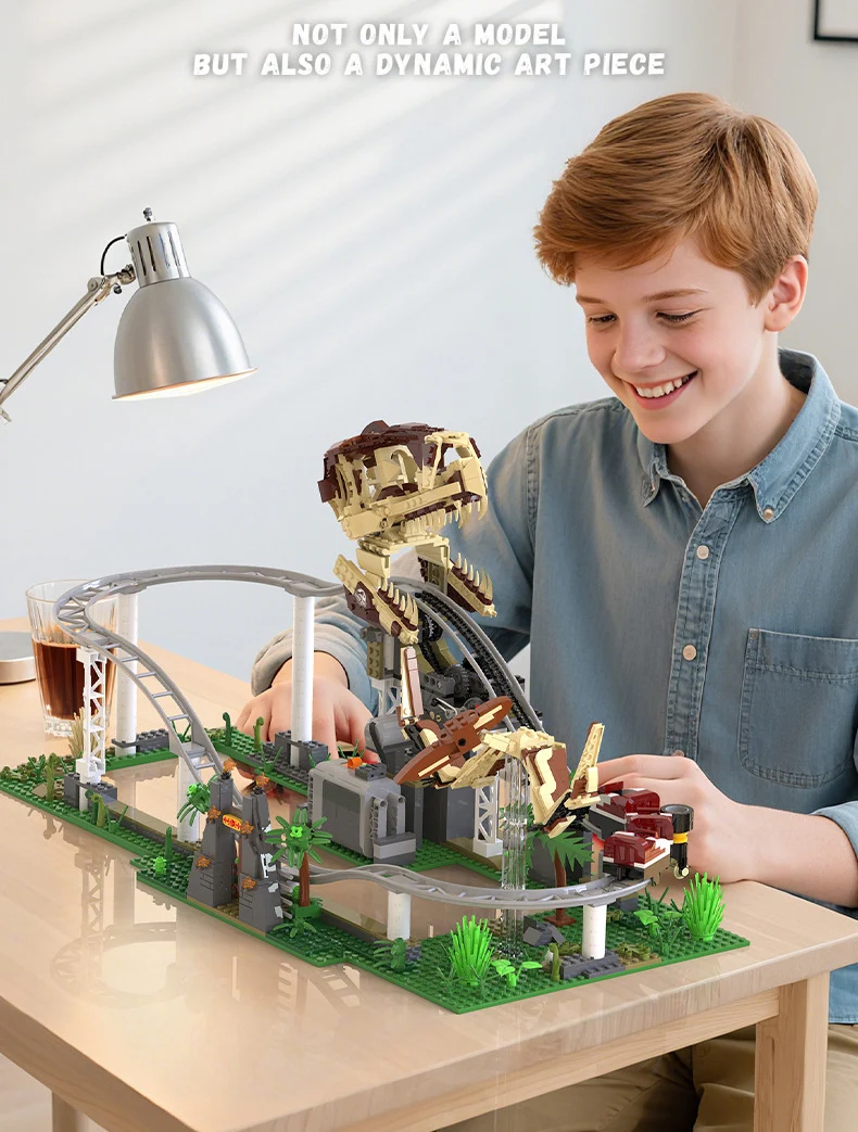 Jurassic Dinosaurier Park Fahrgeschäfte Elektrischer Baustein Tyrannosaurus Rex Pterosaurier Achterbahn Modell Bausteine BO Spielzeug als Geschenke – Detail 4