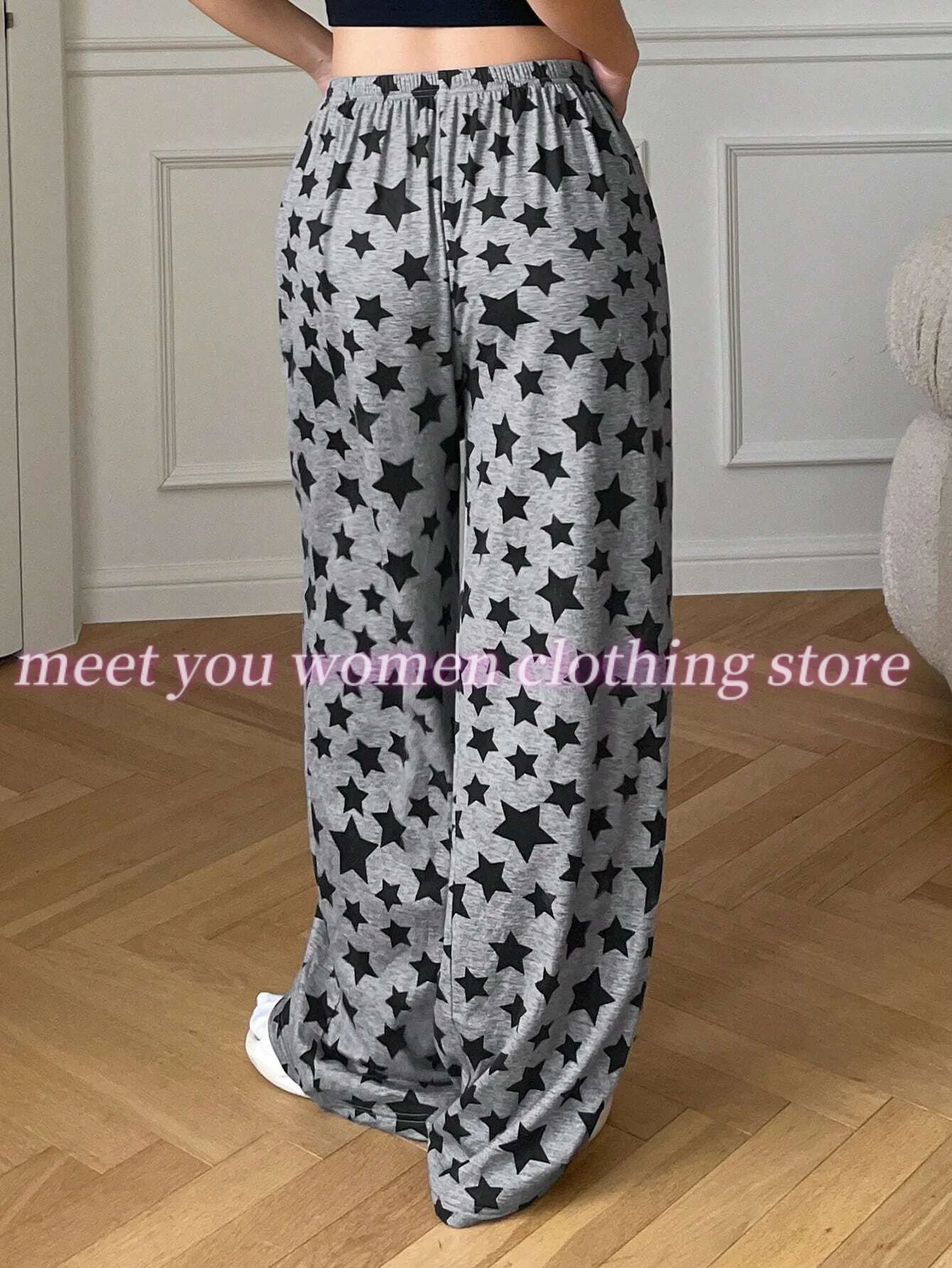 Calças de pijama femininas de perna reta preto estrelas imprimir solto-ajuste cor calças de pijama roupas femininas calças de dormir