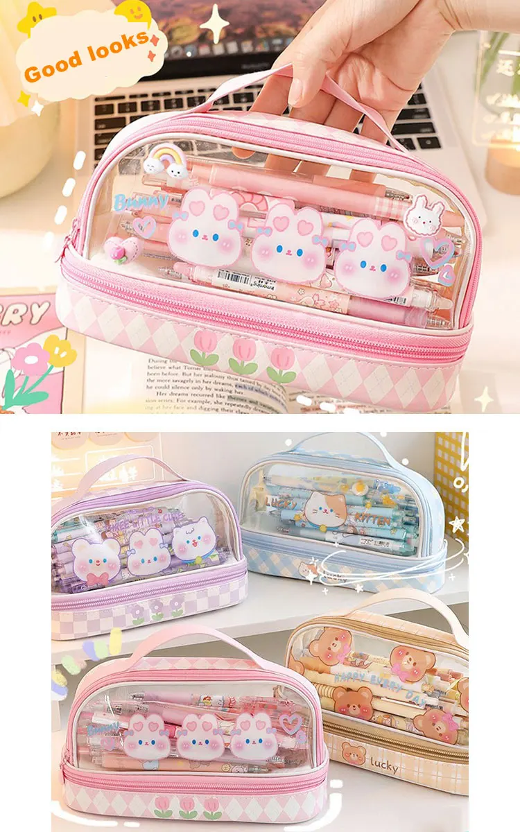 Grazioso astuccio Kawaii, astuccio per matite con frutta, trasparente, grande capacità, per ragazze e ragazzi, borsa per cancelleria con cerniera, per articoli scolastici, viaggi, ufficio, Confezione