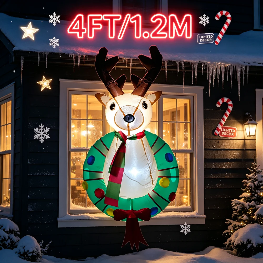 4 FT Christmas Inflatable Model Hanging ReindeerBlow up Window Wall Hanging Christmas Decor for Outdoor Home Garden Decor