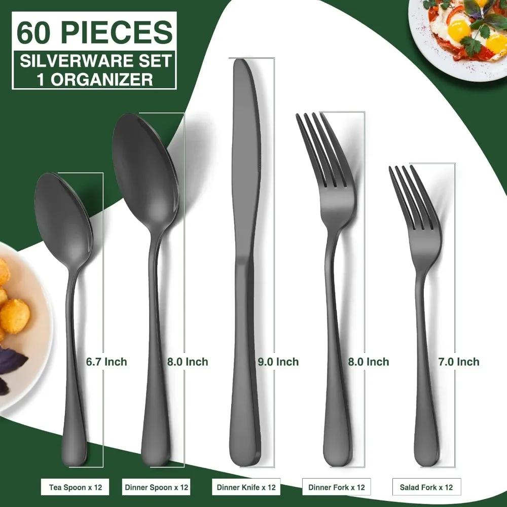 

60-Piece Black Silverware Set with Organizer, Stainless Steel Flatware for 12, Cutlery Utensil Set for Home Restaurant
