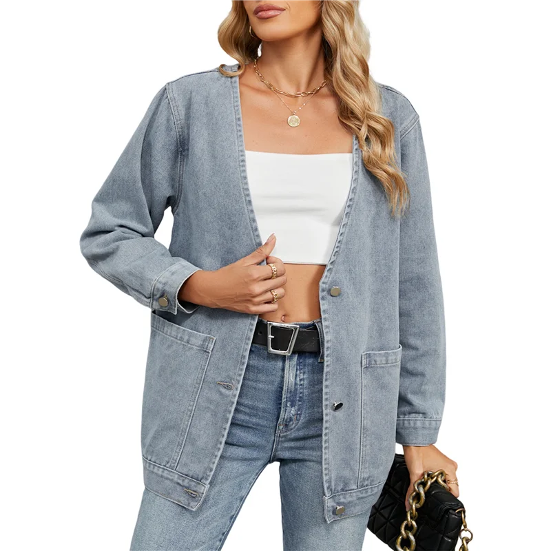 VOFUN-Women الخريف أزياء زر أسفل الدنيم سترة الستر العصرية الخامس الرقبة طويلة الأكمام جان معطف الشتاء ملابس خارجية