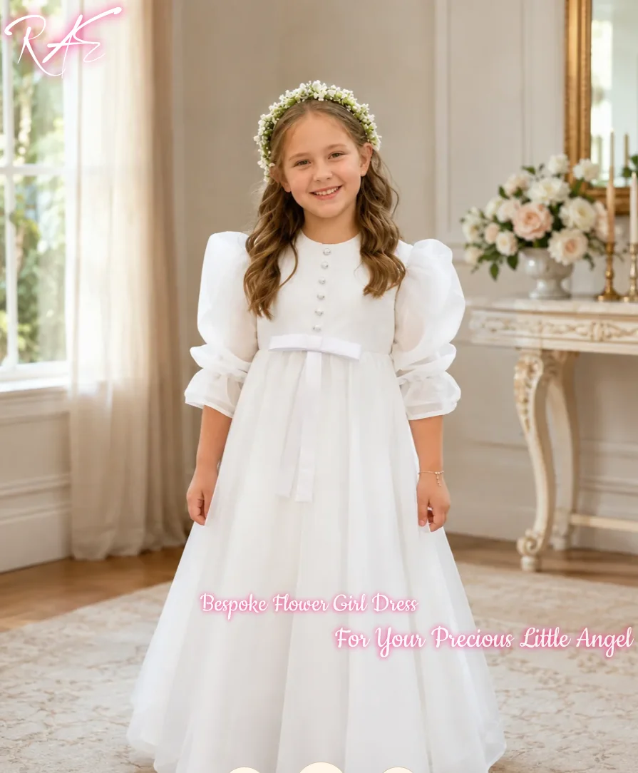 Romantic White Flower Girl Dress For Wedding First Communion Birthday Puff 3/4 Sleeves A Line Floor Length Tulle Gown Customized
