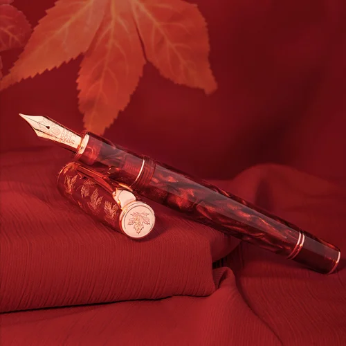 Imagen 2 del producto Pluma estilográfica de resina acrílica roja Hongdian N8 EF/F/M//punta de cuchillo largo tapa tallada de hoja de arce, pluma de escritura con adorno de oro rosa y convertidor