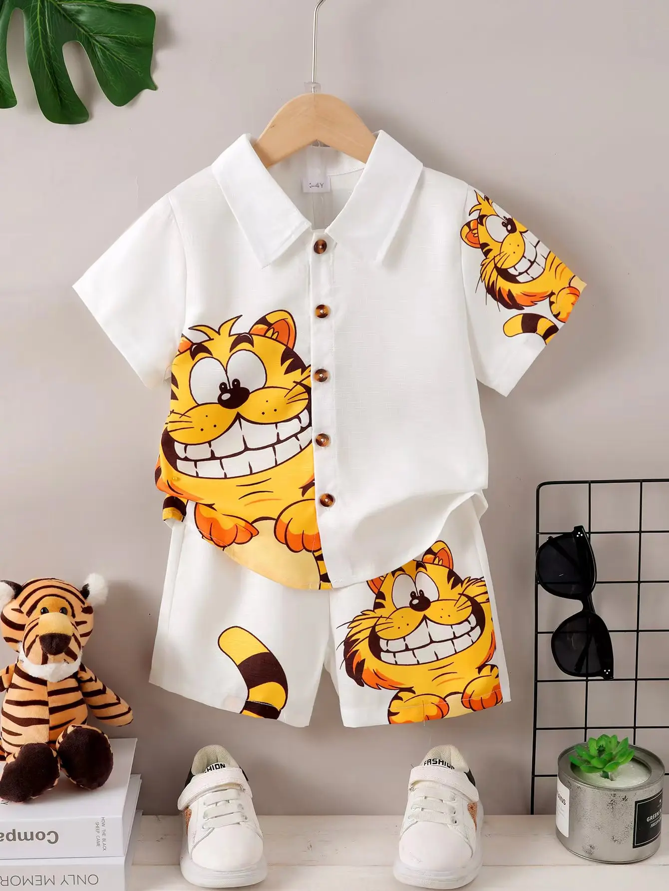 2PCS Summer Kid Boy Gentlemen Clothes Set Kitten Pattern Lapel Collar Top with Shorts First Birthday Wear for Toddlers 1-6 Y ear