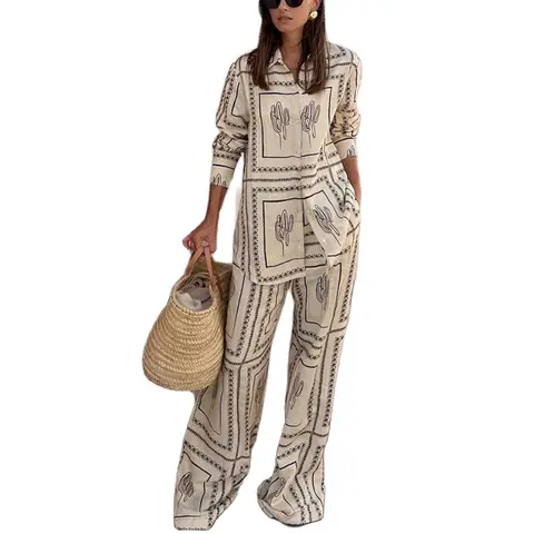 Printed Shirts Two Piece Set Women Long Sleeve Lapel Shirts High Waist Wide Leg Pants Suit For Women Home Wear Outfits Clothing