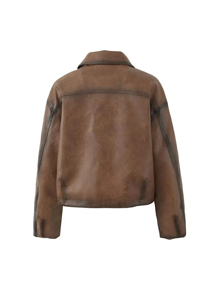 TRAF 2023 Autumn Women Coat Leather Jacket Women Clothes Vintage Moto Short Leather Jacket Outwear