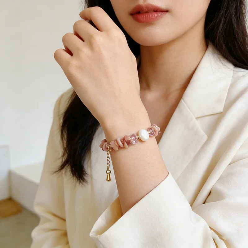 Retro Unregelmäßiges Rosa Naturstein-Perlenarmband für Damen Süßes Accessoire Modischer Schmuck 2026 Trendiges Handgelenk-Accessoire – Detail 7