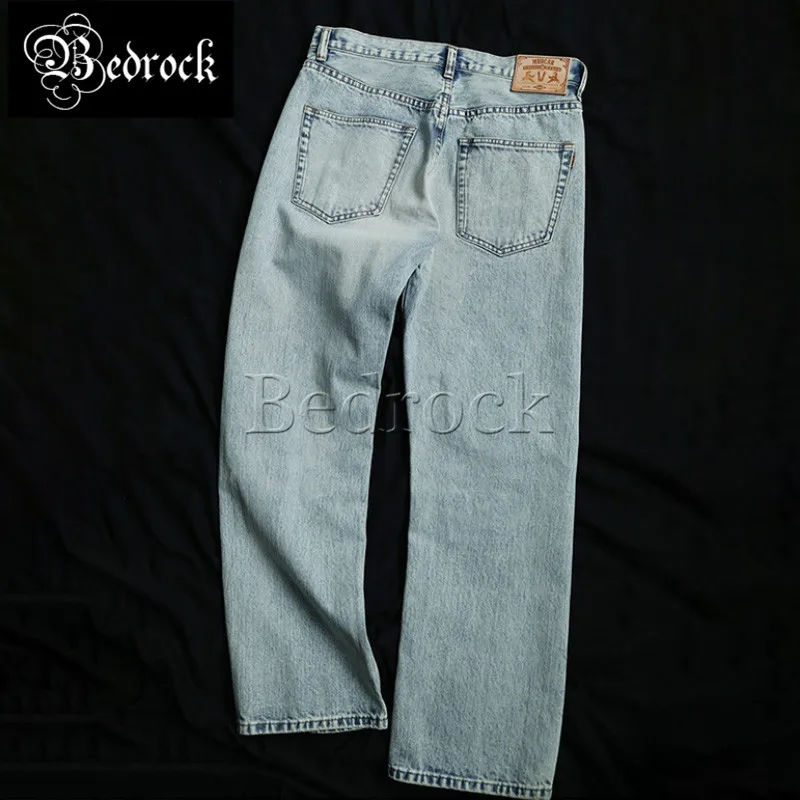 MBBCAR 14 oz Vintage 80s Casual Light Blue One Washed Straight Leg Jeans Knee Hole Selvedge Denim Ripped Pants