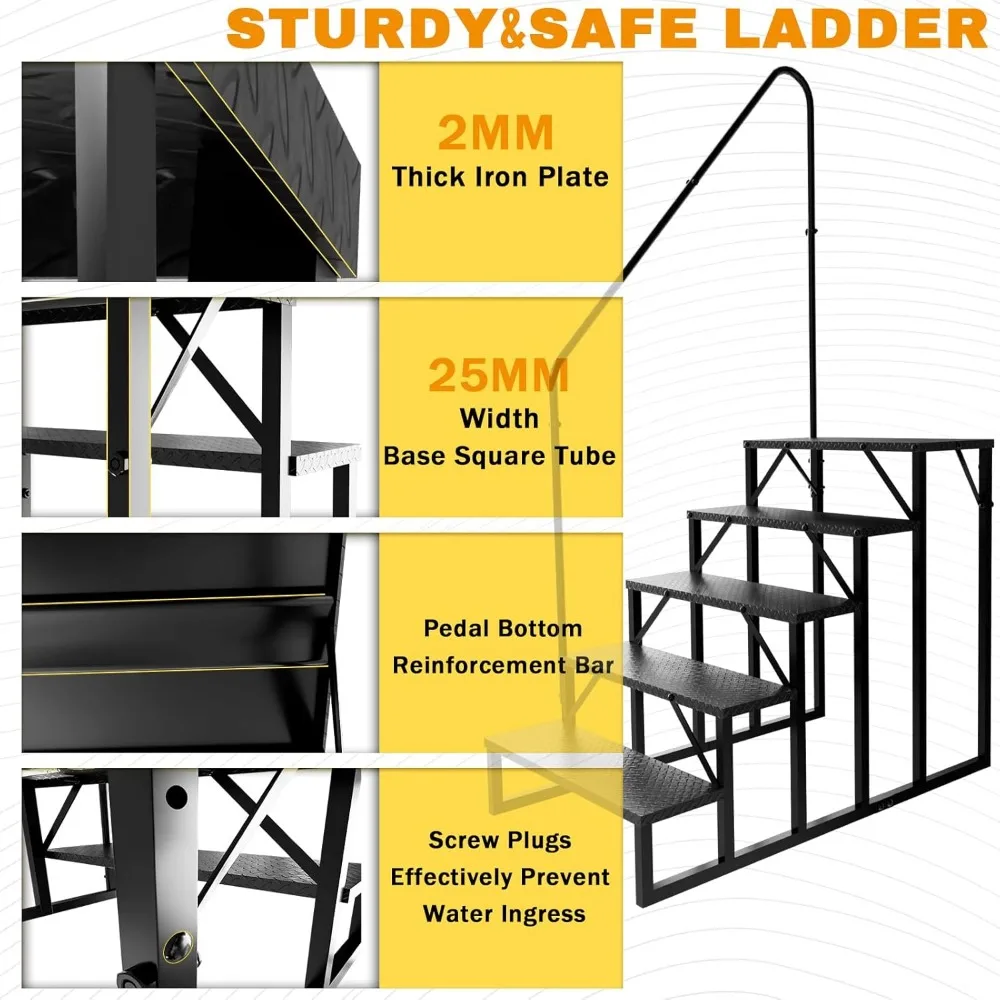 RV Steps with Handrail, Hot Tub Steps Outdoor, 5 Step Ladder Stool, RV Stairs with Anti-Slip Panel, Camper Steps for Spa, Travel