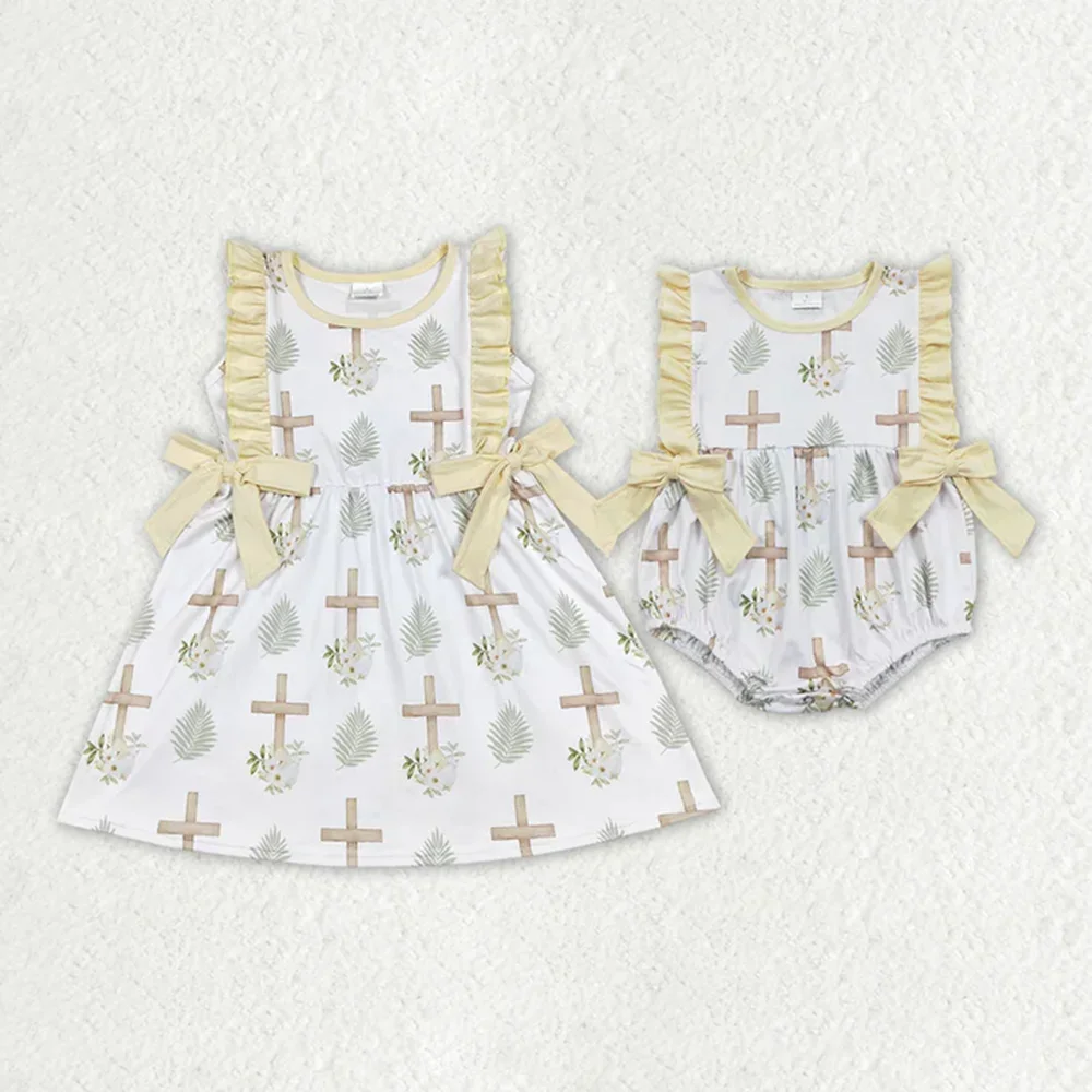 

Baby Girls Easter Themed Cross Rompers Dresses with Flower Bows Cute Spring Outfits for Little Girls