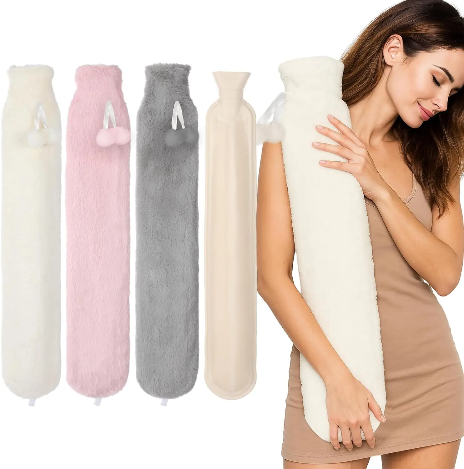 

3 Pcs Long Hot Water Bottle with Cover 70 Fl Oz(2 Liter) Rubber Hot Water Bag for Pain Relief for Women Girl Seniors