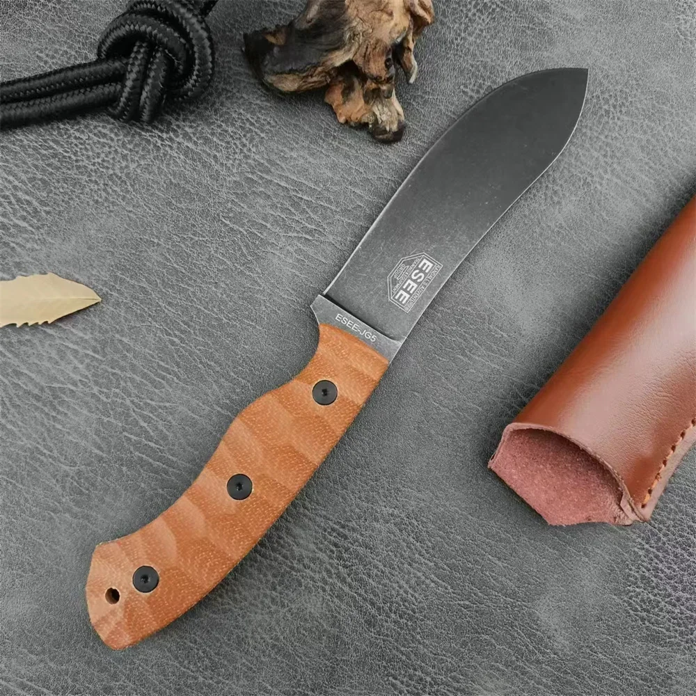 JG5-LM Portable Fixed Blade Knife Black Carbon Nessmuk Blade, G10 Handle, Leather Sheath, Outdoor Hunting Camping Cutting Tool