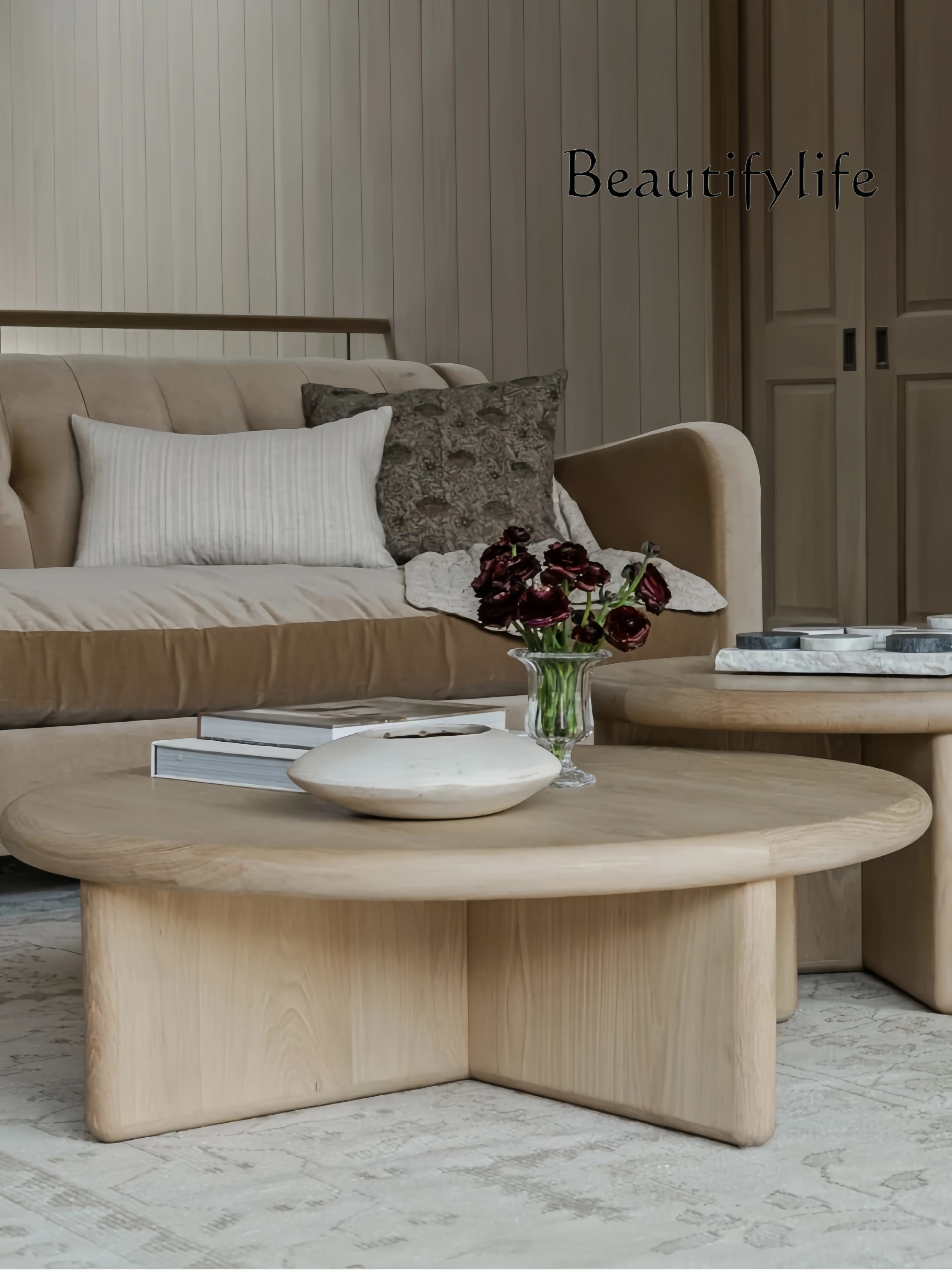 Medieval solid wood round table living room small apartment solid wood coffee table designer log retro round tea table