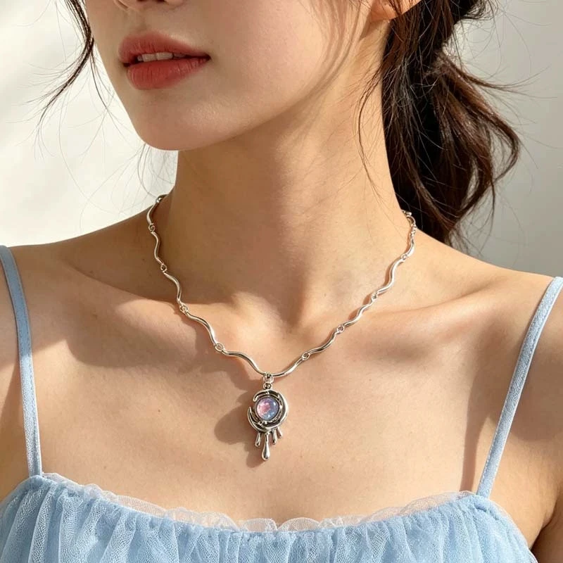 Colorful Moonlight Stone Water Drop Moon Pendant Choker Necklace For Women Vintage Harajuku Y2K Aesthetic Jewelry Accessories