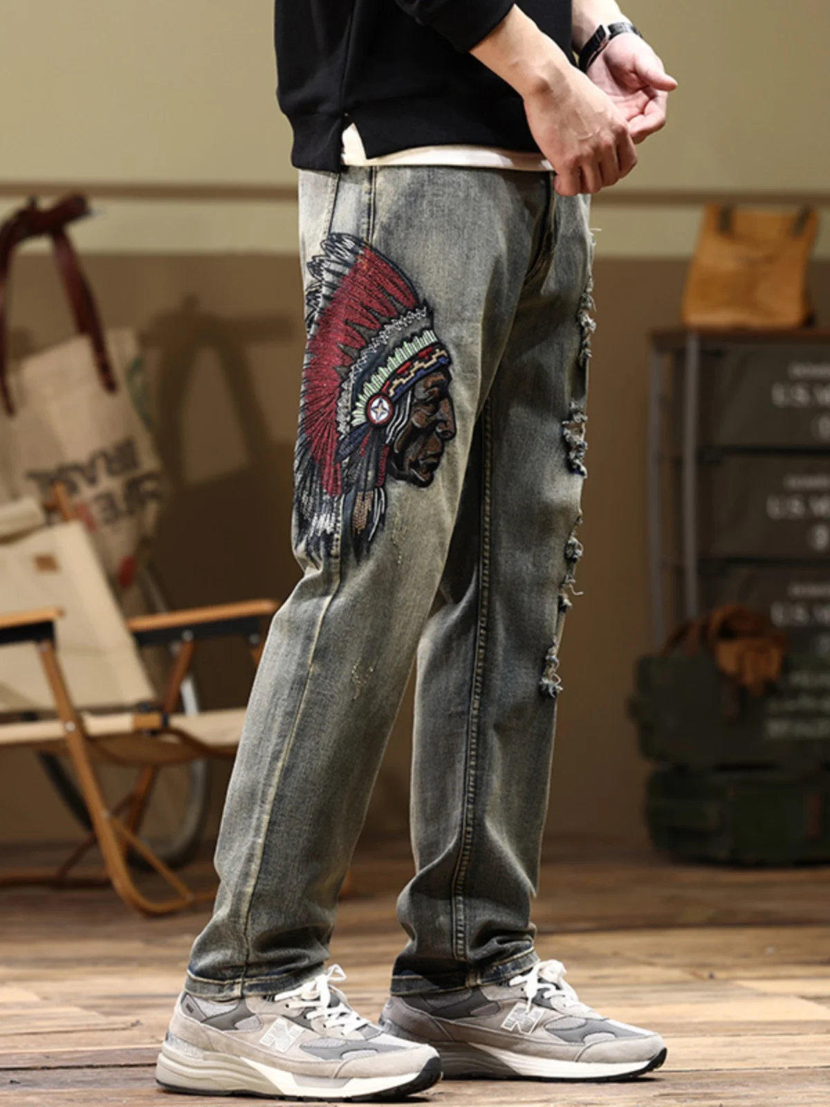 

Hong Kong High-End Embroidered Men's Jeans Straight Leg Stretchy Vintage plus Size Long Pants Autumn Winter Sle Youth Trend