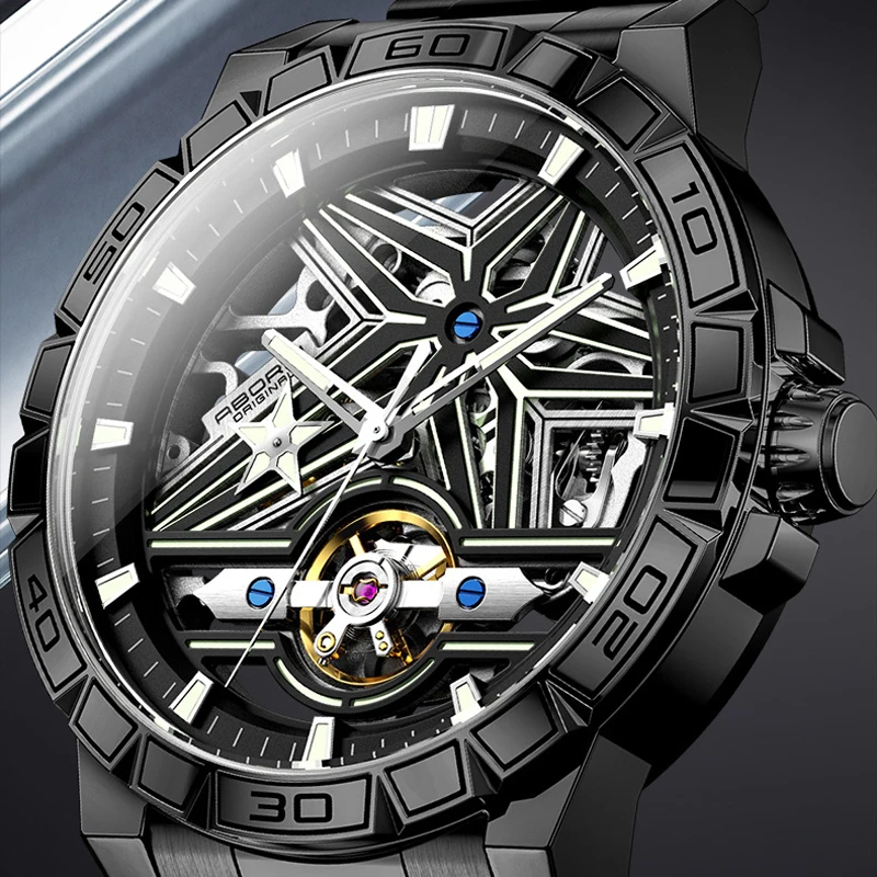 

Новые механические часы со скелетом и турбийоном для мужчин, модный ремешок из нержавеющей стали, спортивные автоматические полые часы Relojes Hombre