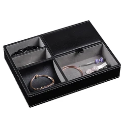 Men's Valet Tray Desktop PU Leather Wood Tray Organizer Jewelry Box Nightstand Organizer For Phone Keys Wallet Glasses Multifun
