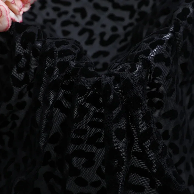 50cm/100cm*150cm Leopard Flocking Hexagonal Mesh Fabric Stretch Mesh Fabric African Net Fabrics for DIY Sewing Clothing