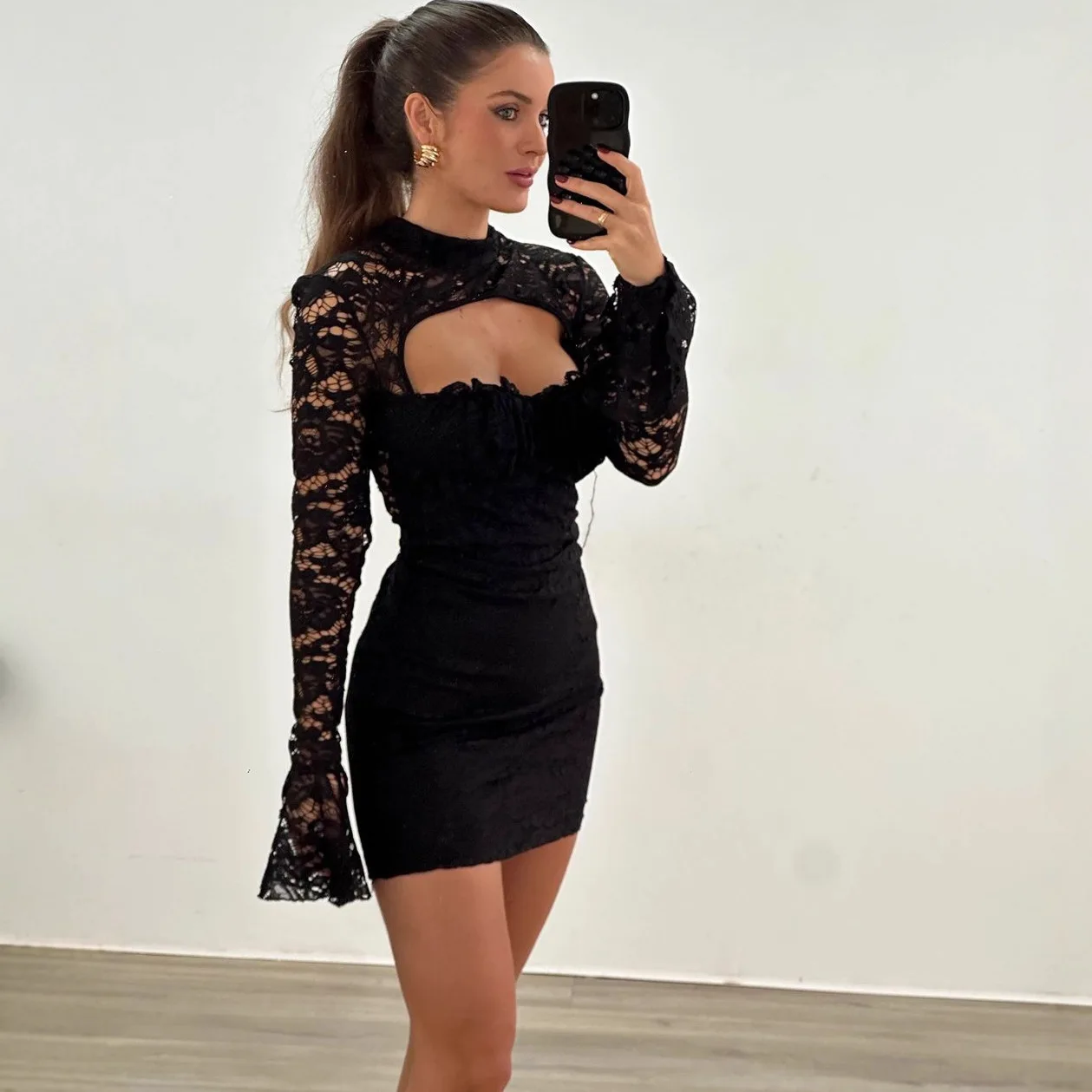 XIAOTANG-minivestido negro de retales de encaje para mujer, vestido ceñido calado de manga larga, vestidos de noche elegantes para fiesta para mujer 2025