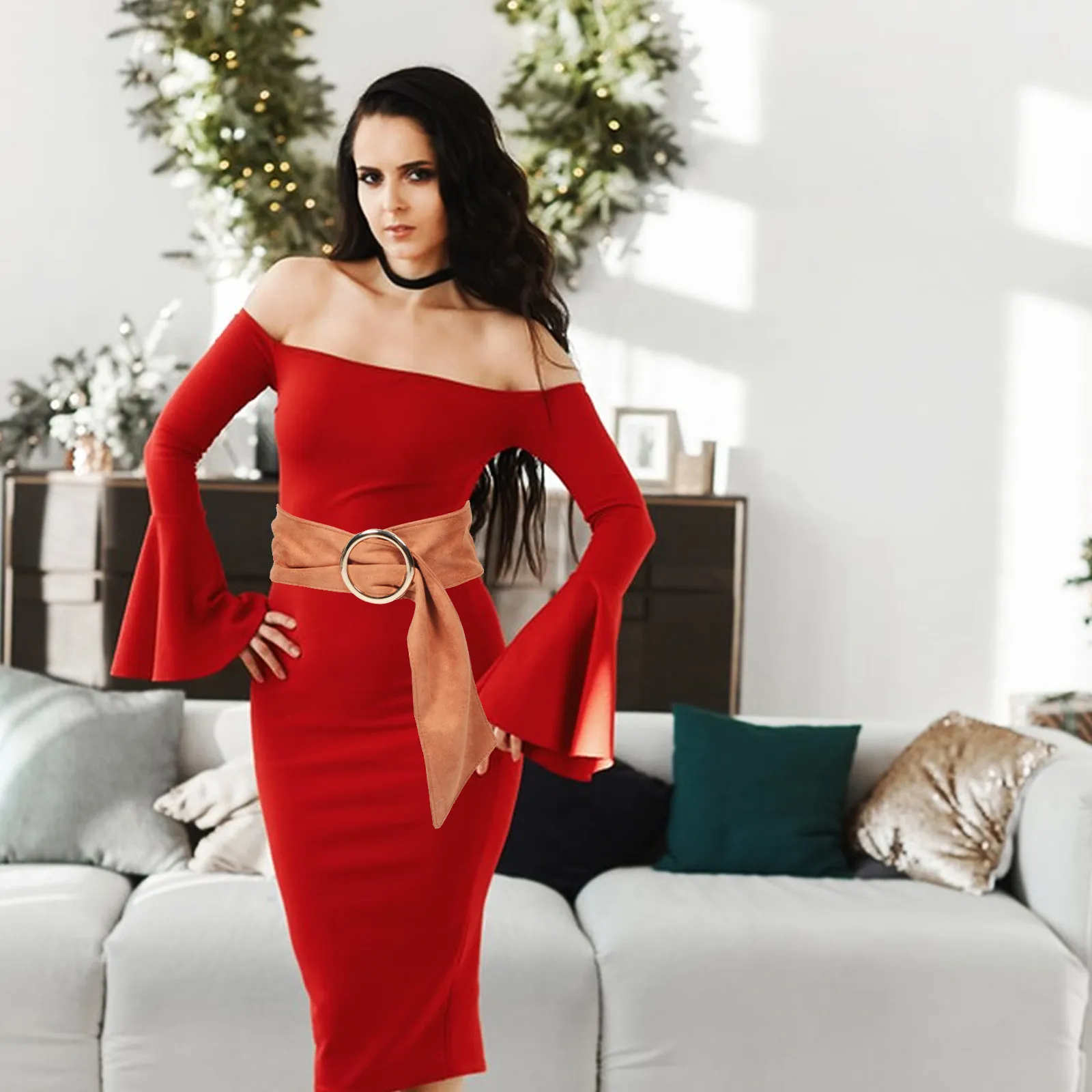 

Женский широкий коричневый ремень с круглой пряжкой из мягкой искусственной замши для платьев, пальто, повседневной и официальной одежды, элегантный, эластичный